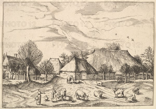 Farms, cattle with herdsmen and milkmaids in the foreground from Multifariarum casularu..., 1559-61. Creator: Johannes van Doetecum I.