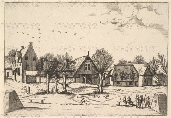 Country Village, archers in the foreground from Multifariarum casularum ruriumque linea..., 1559-61. Creator: Johannes van Doetecum I.