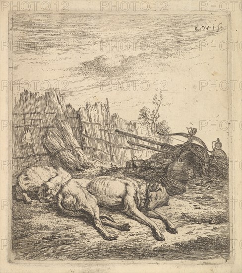 Two dogs sleeping on the ground; a plough, farm equipment, bunches of straw, and a ..., ca. 1641-78. Creator: Karel Du Jardin.