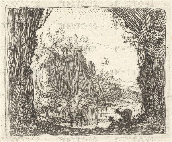 Landscape flanked by trees in the left and right foreground, silhouettes of two goa..., ca. 1641-78. Creator: Karel Du Jardin.