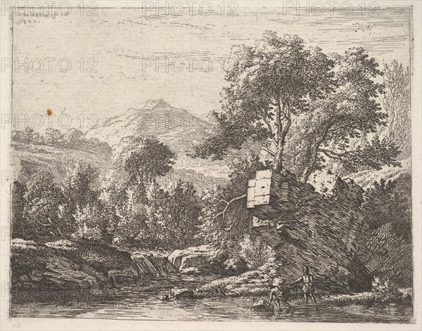 Two men standing ankle-deep in a body of water with a rocky outcrop behind them, to the le..., 1658. Creator: Karel Du Jardin.