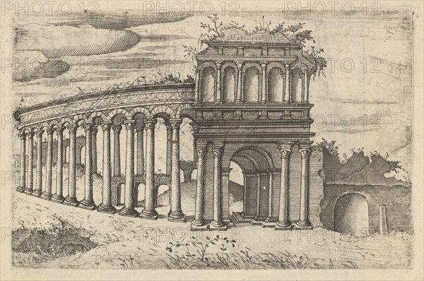 The Amphitheater in Bordeaux [Teatrum Bordeos; Transitorium Caesaris], from the series 'Ru..., 1554. Creator: Lambert Suavius.