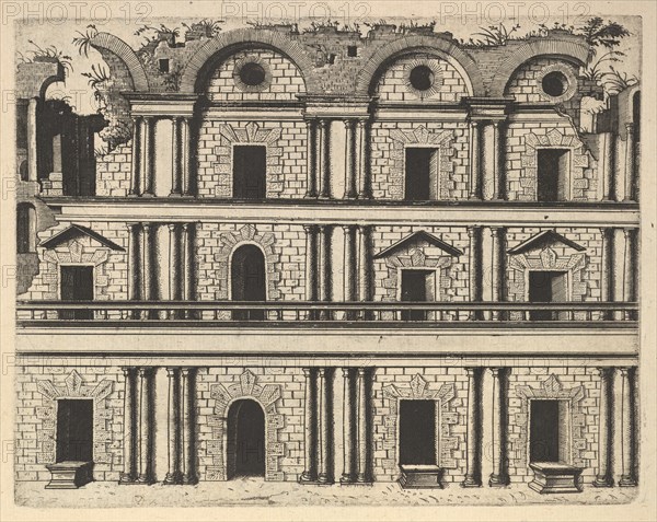 Ruin of a Palace Facade [Palatium M. Agrippa] from the series 'Ruinarum variarum fabricaru..., 1554. Creator: Lambert Suavius.