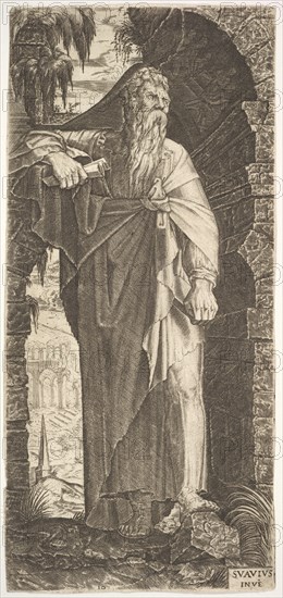 St. Paul standing under an overgrown arch, his left foot poised upon a rock, his right han..., 1545. Creator: Lambert Suavius.