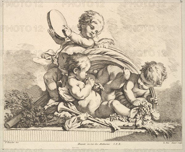 Three Cupids, Two Playing Music, One Holding Palm Leaves. Creator: Louis Felix de la Rue.
