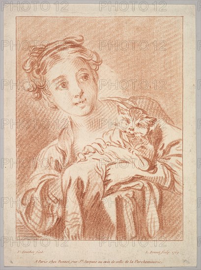 A Young Girl holding a Cat, 1769. Creator: Louis Marin Bonnet.