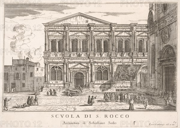Plate 37: Side view of the school of St. Roch at left and view of facade of the church of ..., 1703. Creator: Luca Carlevarijs.