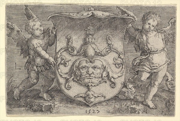 Coat of Arms with a Mask, Held by Two Genii, 1527. Creator: Lucas van Leyden.