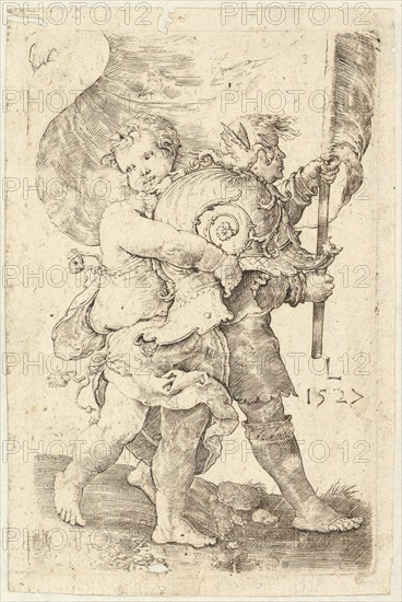 Two Boys with a Helmet and Standard, 1527. Creator: Lucas van Leyden.