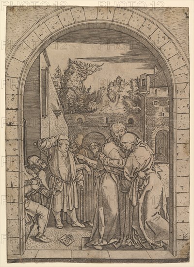 Joachim embracing Saint Anne under the golden gate in Jerusalem, after Dürer, ca. 1500-1534. Creator: Marcantonio Raimondi.