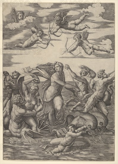 Galatea standing in a water-chariot pulled by two dolphins, surrounded by tritons, nere..., 1515-16. Creator: Marcantonio Raimondi.