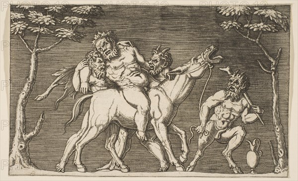 Two satyrs placing Silenus on a braying mule and a third satyr at right, ca. 1515-27. Creator: Attributed to Marco Dente (Italian, Ravenna, active by 1515-died 1527 Rome).