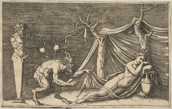 A satyr discovering a sleeping woman; two crabs hanging from a rope which is strung..., ca. 1515-27. Creator: Marco Dente.