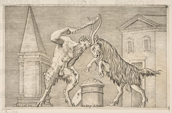 A satyr and a ram attacking each other, the satyr weilding a club with his right ha..., ca. 1515-27. Creator: Marco Dente.