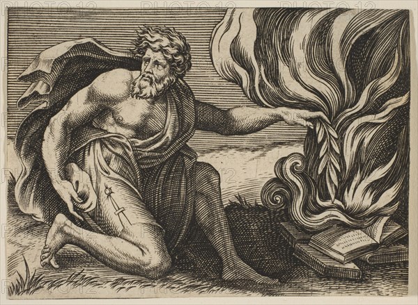 A man kneeling and placing a laurel branch upon a pile of burning books, ca. 1515-27. Creator: Marco Dente.