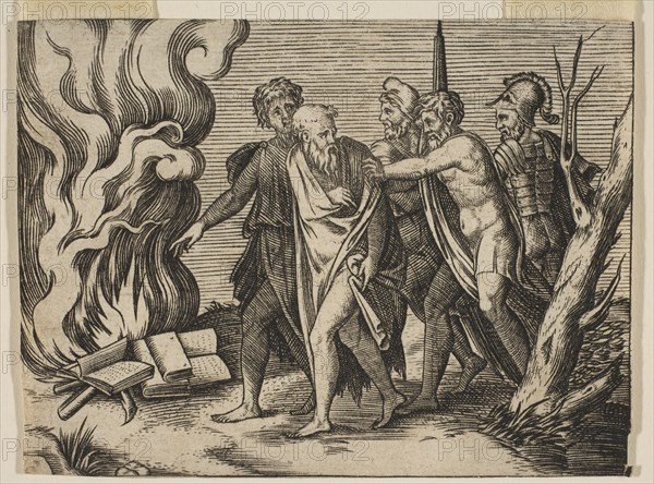 A group of men at right pushing philosophers toward a fire with burning books at th..., ca. 1515-27. Creator: Attributed to Marco Dente