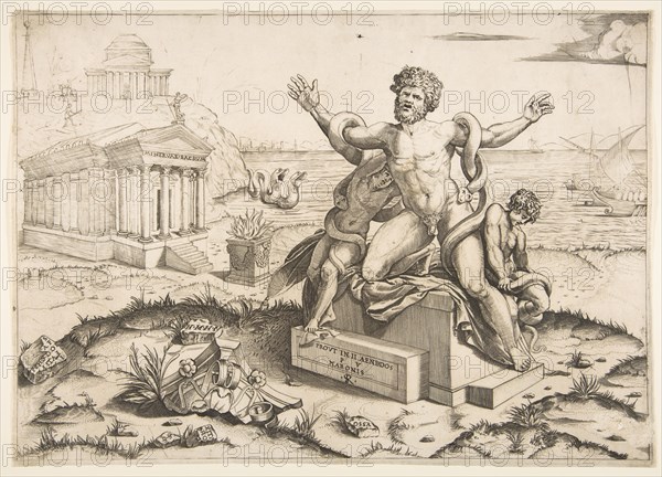 Laocoön and his two sons being attacked by serpents upon a pedestal, a temple to Mi..., ca. 1515-27. Creator: Marco Dente.