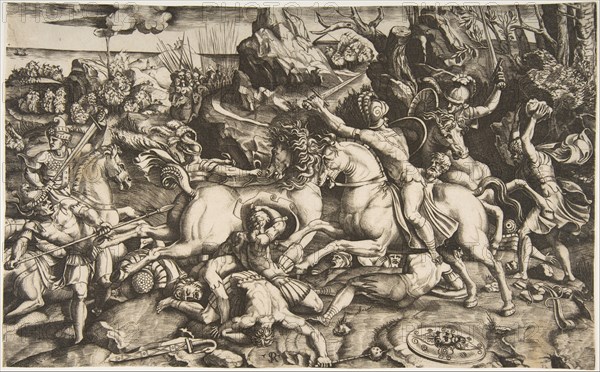 Battle scene in a landscape with soldiers on horseback and several fallen men, another..., ca. 1520. Creator: Marco Dente.