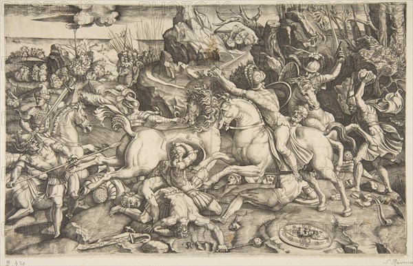 Battle scene in a landscape with soldiers on horseback and several fallen men, another..., ca. 1520. Creator: Marco Dente.