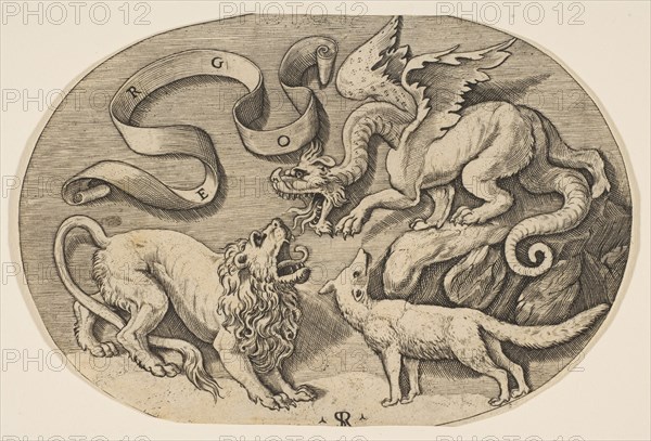 A lion, dragon and fox fighting each other, an inscribed banderole above, an oval c..., ca. 1515-27. Creator: Marco Dente.