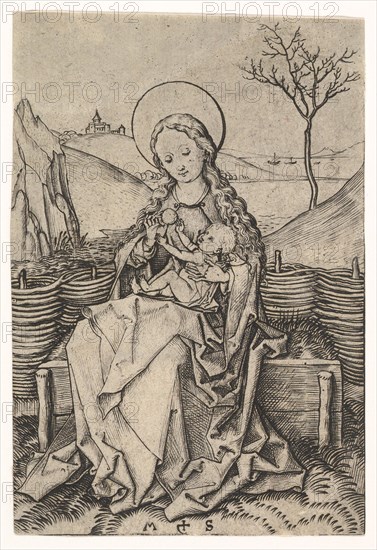 Virgin and Child on a Grassy Bench, ca. 1435-1491. Creator: Martin Schongauer.