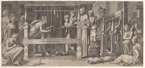 Women spinning, weaving and sewing, mid-16th century. Creator: Master FG