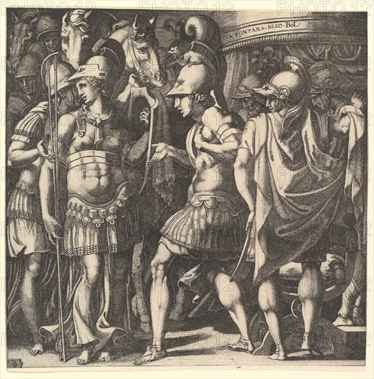 Alexander welcoming Thalestris and the Amazons, mid-16th century. Creator: Master FG.