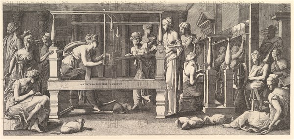 Women spinning, weaving and sewing, 1540-50. Creator: Master FG.