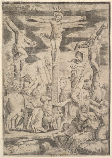 The conversion of the Centurion who flings his arms open before Christ on the cross, 1532. Creator: Master of the Die.