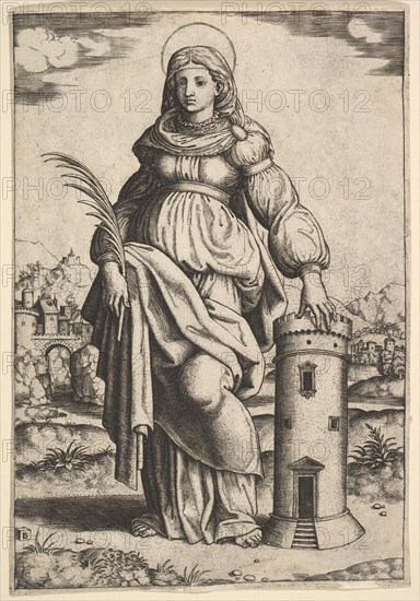 Saint Barbara standing, palm in her right hand, resting her left hand on a tower, 1530-60. Creator: Master of the Die.