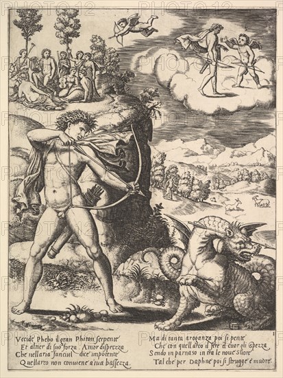 Apollo standing at left shooting a python with an arrow, above to the left are the muse..., 1530-60. Creator: Master of the Die.