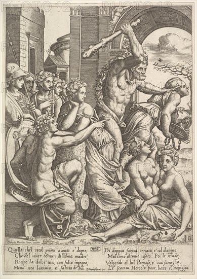 Envy or Avarice at the right being driven from the temple of the Muses by Hercules who ..., 1530-60. Creator: Master of the Die.