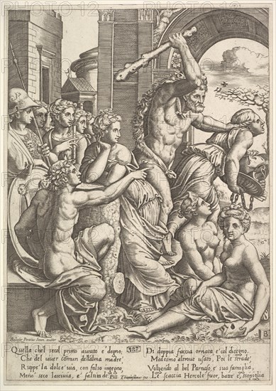 Envy or Avarice at the right being driven from the temple of the Muses by Hercules who ..., 1530-60. Creator: Master of the Die.