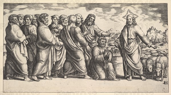 Christ standing at left indicating to a flock of sheep, before him kneels St. Peter hol..., 1530-60. Creator: Master of the Die.