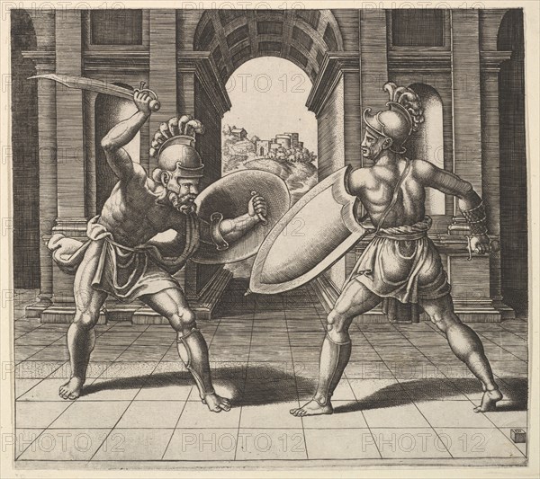 Two gladiators fighting in front of an arch, 1530-60. Creator: Master of the Die.