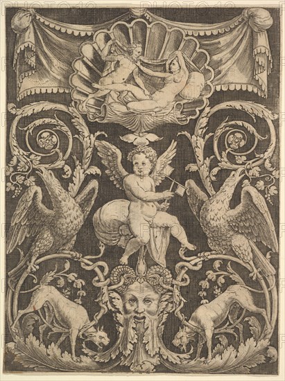 A panel of ornament with a putto in the centre holding a windmill, 1532. Creator: Master of the Die.