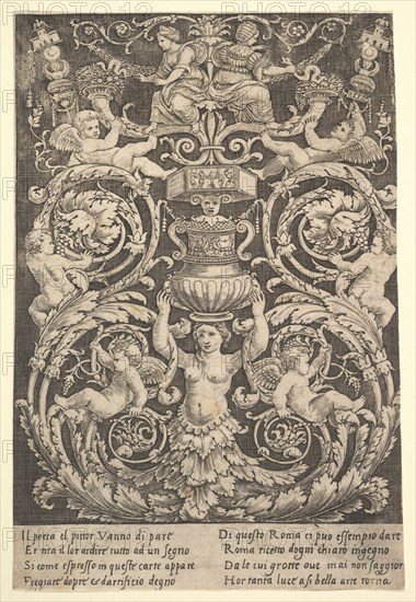 A panel of ornament with a woman holding a vase in centre, 1532. Creator: Master of the Die.