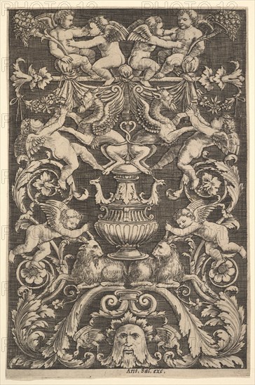 A panel of ornament with putti, goat and other figures, 1530-60. Creator: Master of the Die.