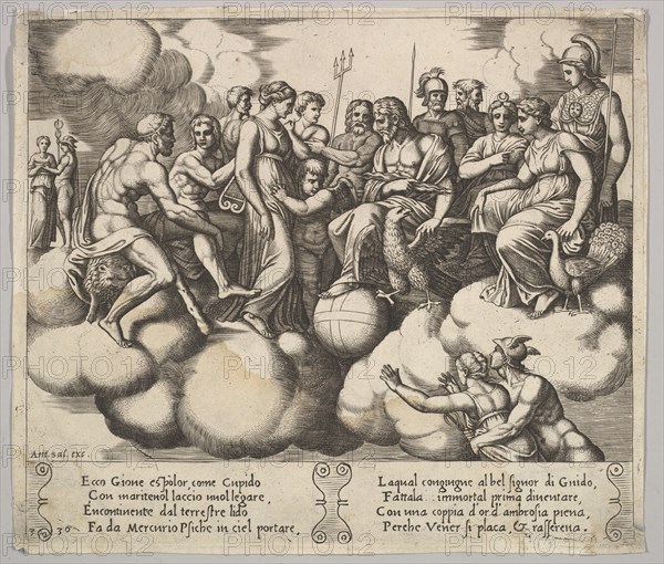 Plate 30: Venus and Cupid pleading their case in the presence of Jupiter and other Gods..., 1530-60. Creator: Master of the Die.