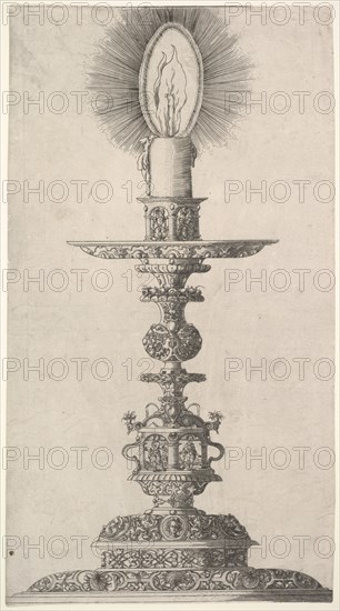 Candlestick with Lighted Candle from: Insigne Ac Plane Novum Opus Cratero graphicum; Ein n..., 1551. Creator: Mathias Zundt.
