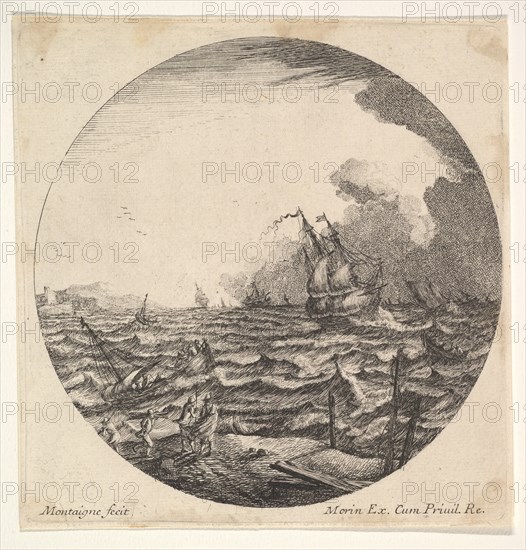 Tempest in a roundel composition, at left waves toss a small ship occupied by seven..., ca. 1625-60. Creator: Matthijs van Plattenberg.