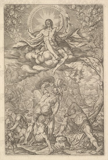 Resurrection of Christ, encompassed by an aureole and clouds with lines of winged putti to..., 1577. Creator: Melchior Meier.