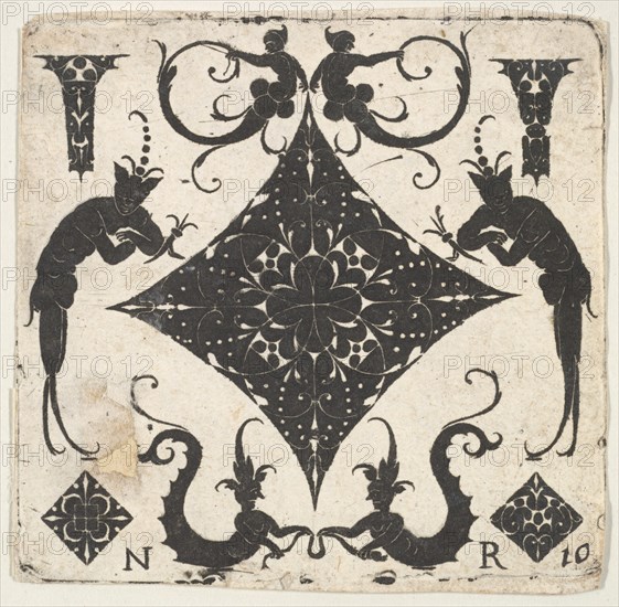 Concave Lozenge-shaped Panel and Grotesque Figures, ca. 1620-30. Creator: Noel Rouillard.