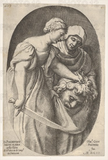 Judith with the head of Holofernes in her left hand and a sword in her right hand, accompa..., 1606. Creator: Oliviero Gatti.