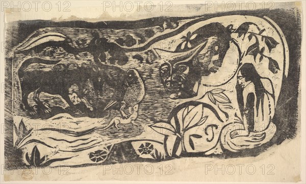 Woodcut with a Horned Head, 1898-99. Creator: Paul Gauguin.