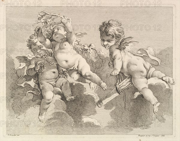 Three Loves, One holding a Quiver, the Other, Grapes, 1727-60. Creator: Pierre Alexandre Aveline.