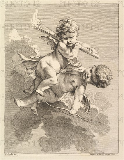 Two Cupids, One Carrying a Torch, Another a Bow, 1727-60. Creator: Pierre Alexandre Aveline.