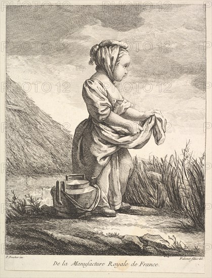 Little girl with a vessel by her feet, from Premier Livre de Figures d'après les porcelain..., 1757. Creator: Pierre Etienne Falconet.