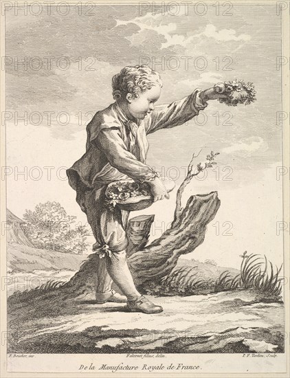 Little boy holding a wreath and basket of flowers, from Deuxième Livre de Figures d'..., after 1757. Creator: Pierre Francois Tardieu.