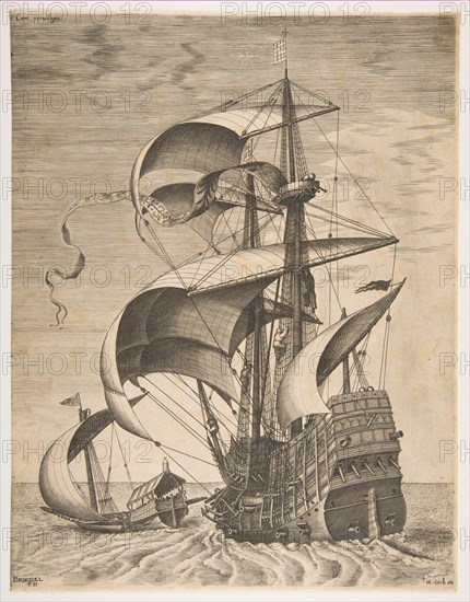 Armed Three-Master on the Open Sea Accompanied by a Galley, from the series Sailing Ves..., 1561-65. Creator: Frans Huys.